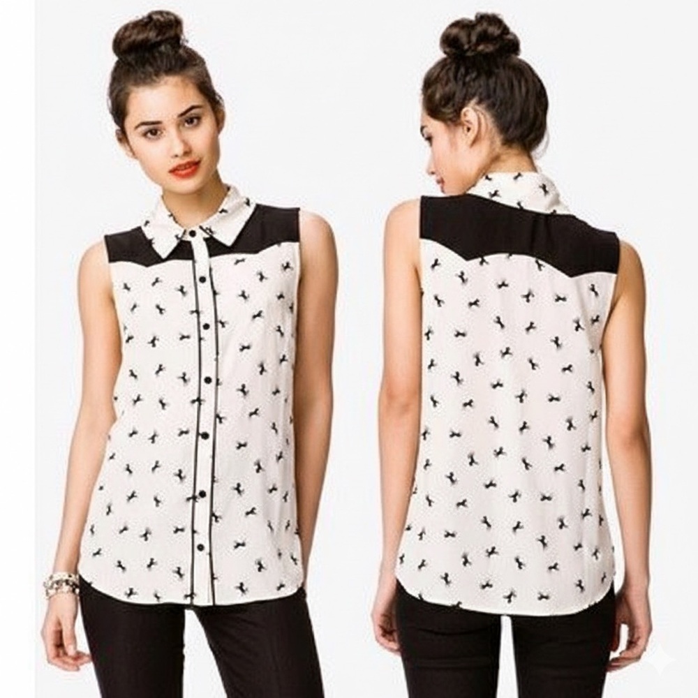 Forever 21 Horse Print Blouse Sleeveless Button Up Western Twee Equestrian Large